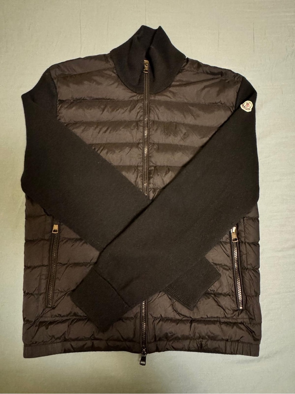 Moncler Black Quilted Front Knit Sleeve Logo Jacket